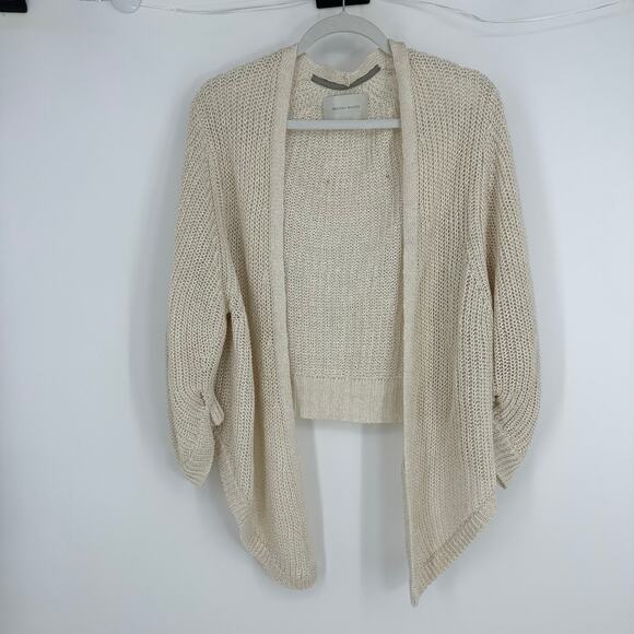 Brochu Walker Womens M Linen Cardigan Ivory Open Knit Puff Sleeve Coastal - Picture 2 of 10